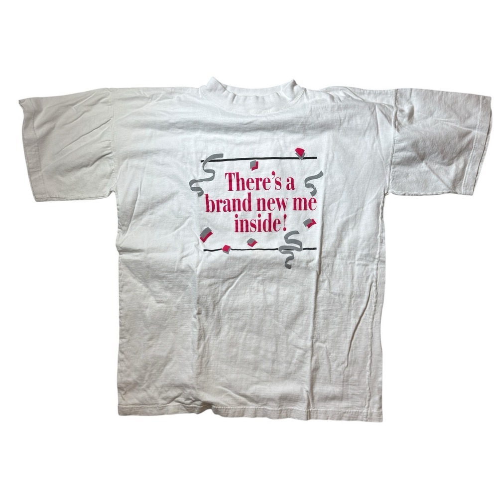 Theres A‎ Brand New Me Inside T Shirt XL Extra Large Vintage White Short Sleeved